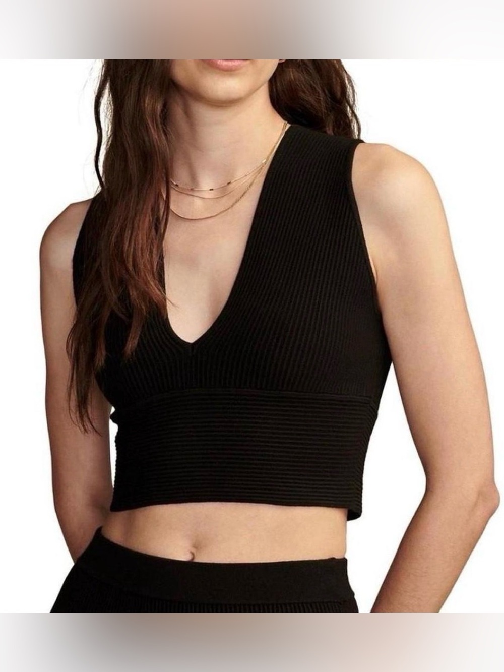 House of Harlow Black Ribbed V-Neck Crop Tank Top